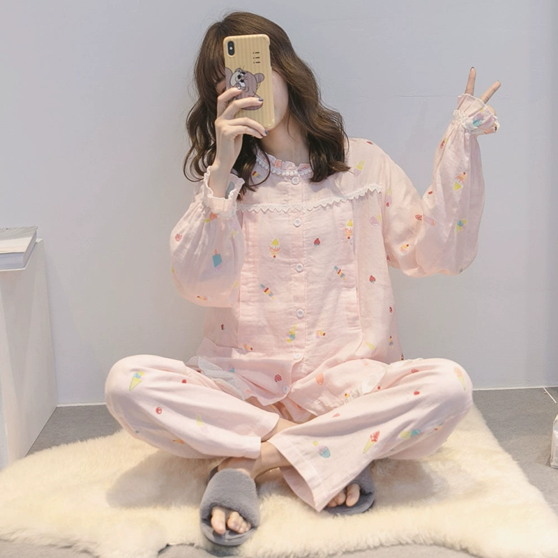 Quần áo giam giữ phụ nữ mang thai cho con bú đồ ngủ mùa hè mỏng sau sinh cho con bú bằng vải cotton tinh khiết thấm hút mồ hôi bộ đồ mặc nhà - Giải trí mặc / Mum mặc