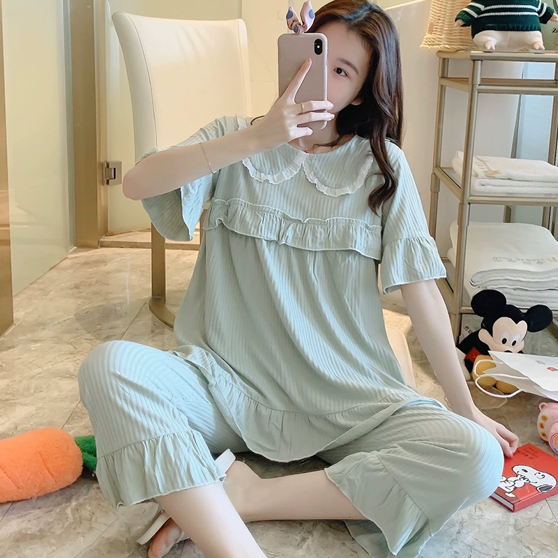 Quần áo giam giữ phụ nữ mang thai cho con bú đồ ngủ mùa hè mỏng sau sinh cho con bú bằng vải cotton tinh khiết thấm hút mồ hôi bộ đồ mặc nhà - Giải trí mặc / Mum mặc