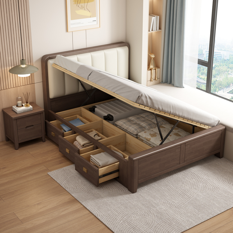 Solid Wood Bed 1.3m M1.35 Single Bed for Small Apartments, Fully Open Side, Air Pressure 1.5m1.8 Double Bed with High Box Storage Solid Wood Bed 1.3m M1.35 Single Bed for Small Apartments, Fully Open Side, Air Pressure 1.5m1.8 Double Bed with High Box Storage