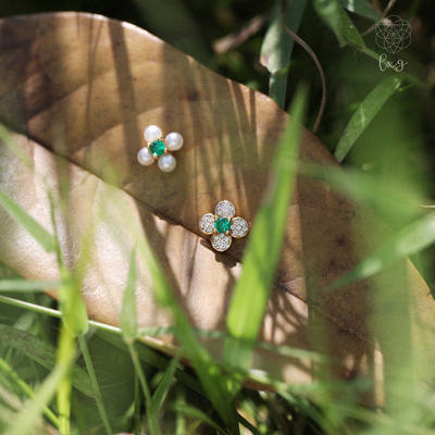 "Flower and Alice" Lucky Four-leaf Clover 925 sterling silver Pearl Stud earrings, a soothing quiet green birthday gift