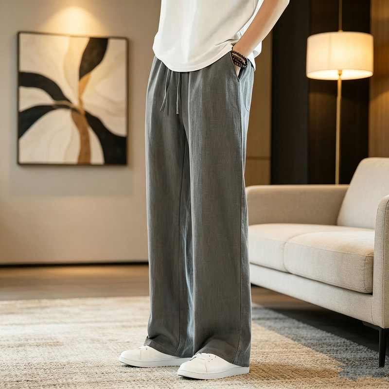 Kuraishi Kazuki Trendy Brand Summer Thin Casual Versatile Linen Pants for Men, Loose Solid Color Wide-Leg Straight Casual Pants