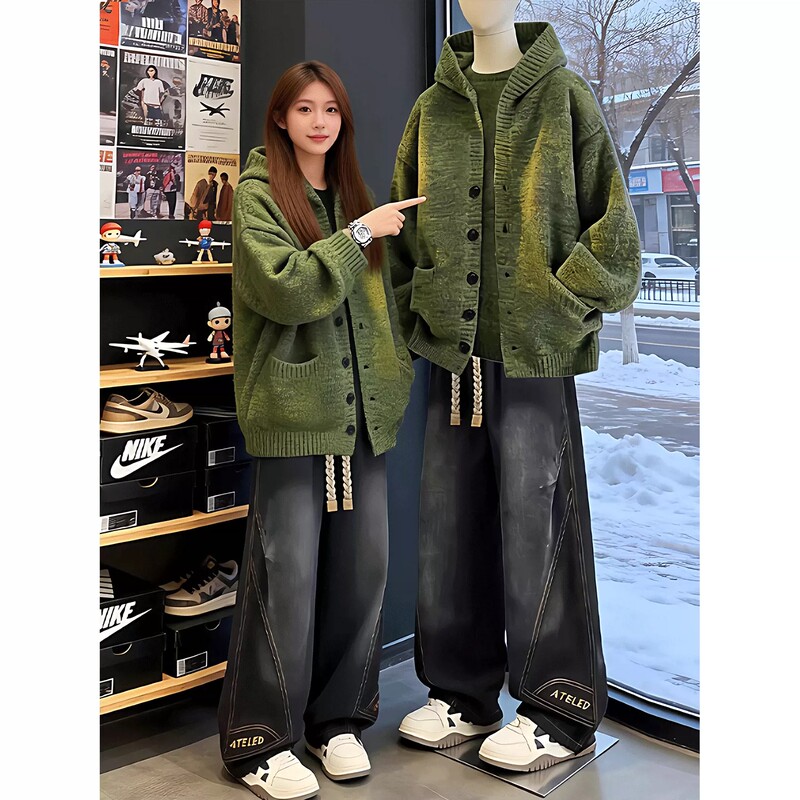 Kuraishi Kazuki Trendy Retro Green Hooded Cardigan Sweater for Men, New Autumn Style, Lazy Style Couple's Knit Jacket