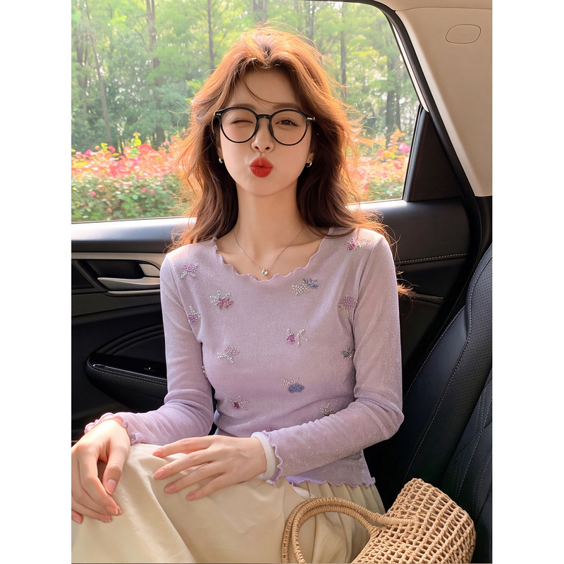 Taro Purple Floral Rhinestone Mesh Patchwork Long-Sleeve T-Shirt for Women, Early Autumn New Style, Ruffled Edge Top, Very Pretty Blouse Taro Purple Floral Rhinestone Mesh Patchwork Long-Sleeve T-Shirt for Women, Early Autumn New Style, Ruffled Edge Top, Very Pretty Blouse