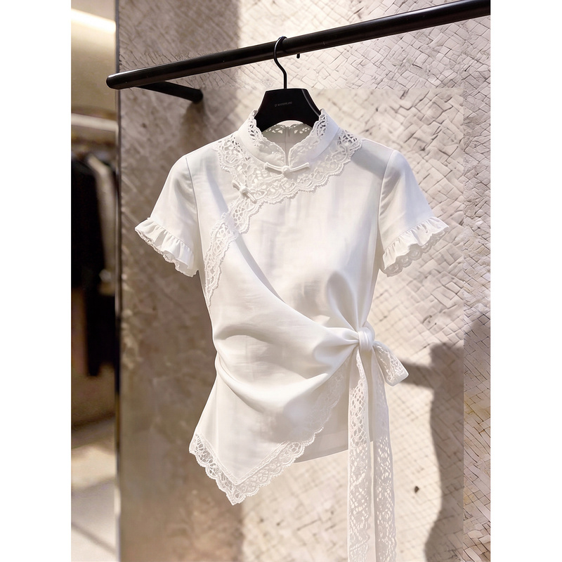 Cool and Refreshing New Chinese Style Button-Down Collar Short-Sleeved Lace Shirt for Women, Unique and Beautiful Short-Sleeved Shirt Top for Summer Cool and Refreshing New Chinese Style Button-Down Collar Short-Sleeved Lace Shirt for Women, Unique and Beautiful Short-Sleeved Shirt Top for Summer