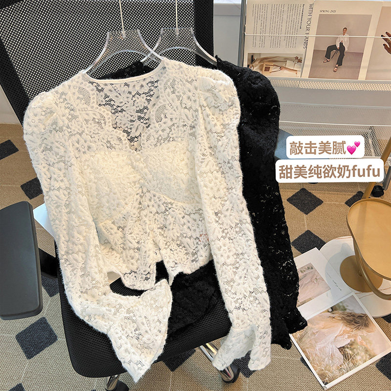 Женская кружевная рубашка с v-образным вырезом и длинными рукавами, женская осенняя новинка 2025 года, тонкая рубашка для похудения с разрезом, вязаная крючком, топ