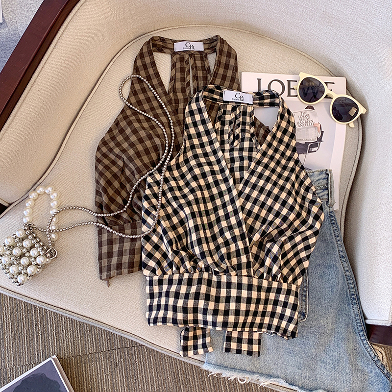 香港スタイルのホルターネックチェック柄キャミソールシャツレディース2025新作夏セクシーホットガールハイエンドスモールシャツトップ