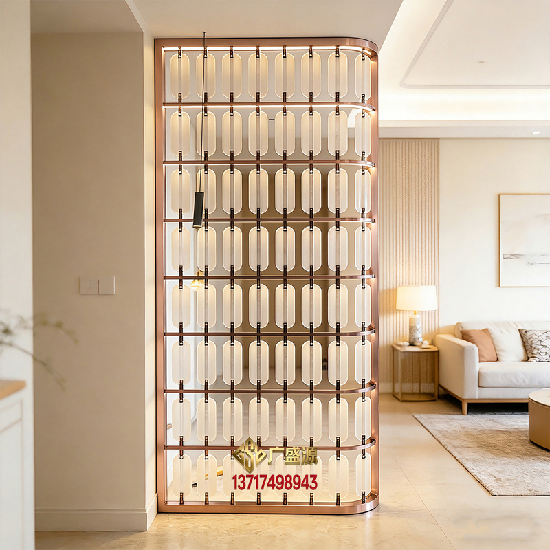 2026 New Style Simple Crystal Glass Hanging Panels Stainless Steel Screen Hotel Lobby Dining Booth Metal Partition