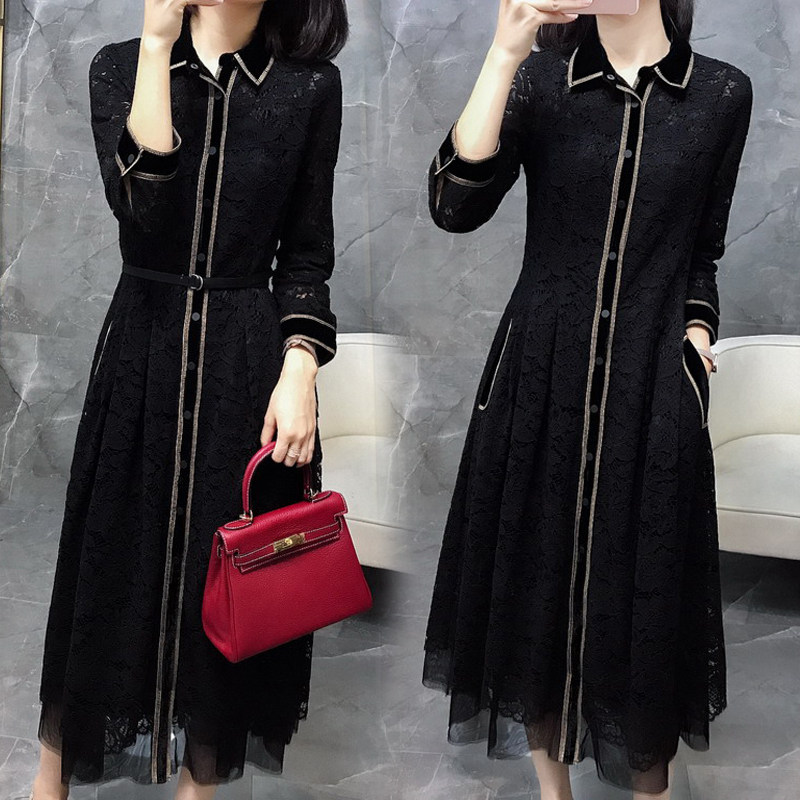 Big Code 2023 Spring Autumn New Women's Dress Foreign Air Fashion Lace Black slim dress light extravagant and elegant with dress 