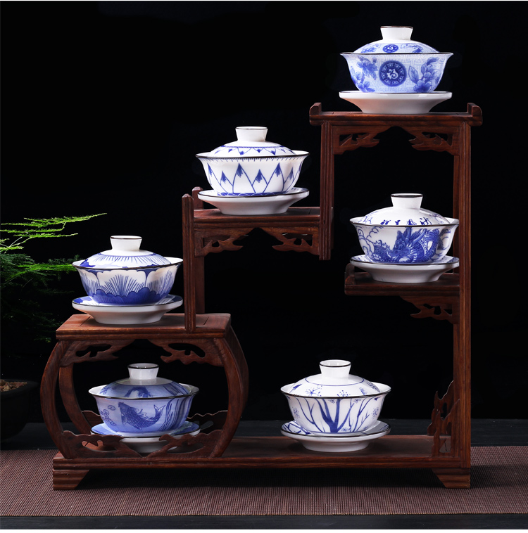 Kung fu tea set tea for tea tureen large tea cups of blue and white porcelain bowl only three bowl of jingdezhen ceramics