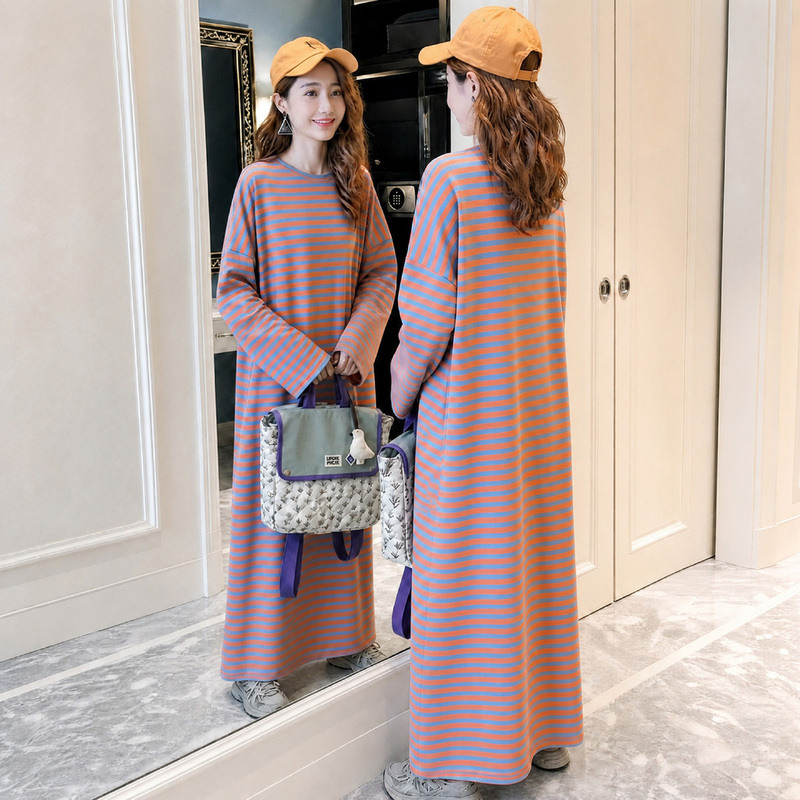 Pure Cotton 1.0-150kg Plus Size Loose Long-Sleeve Striped Lazy Style Nightgown Long Dress Long Skirt Pure Cotton 1.0-150kg Plus Size Loose Long-Sleeve Striped Lazy Style Nightgown Long Dress Long Skirt