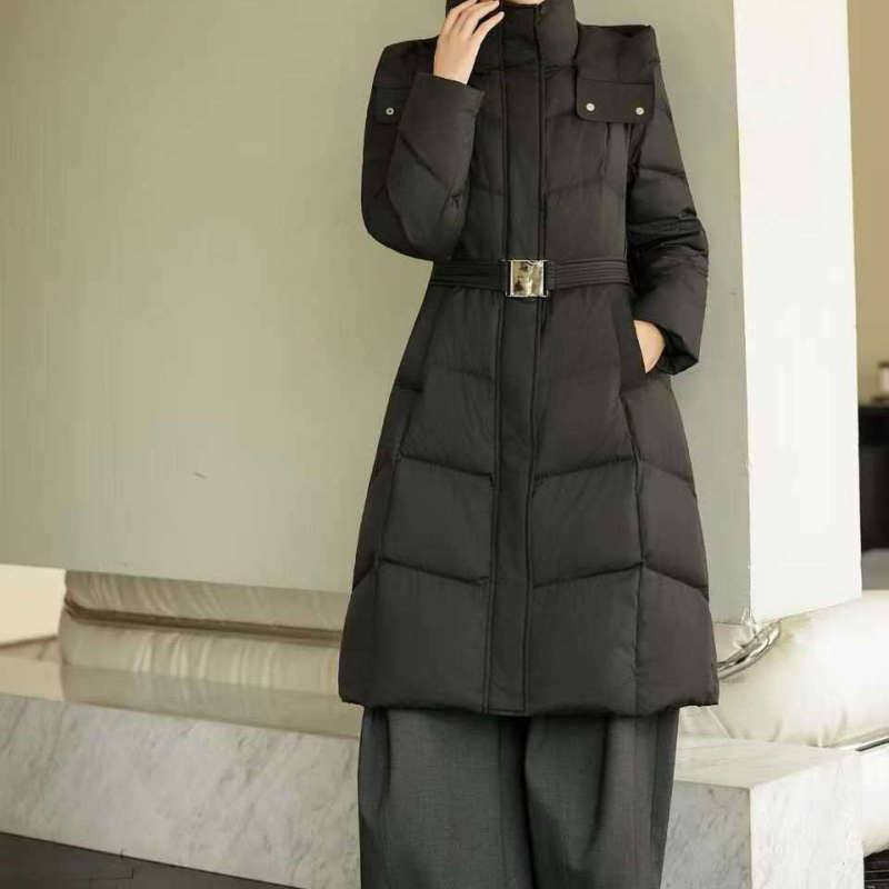2025 New High-End Women's down Jacket, Winter Mid-Length Over-The-Knee Style with Tie Waist, White Duck Down, Black Designer Coat