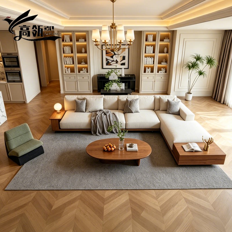 Modern Minimalist Hotel Lobby Sofa Model Room Living Room Solid Wood Sofa Large Flat Villa Reception Corner Sofa