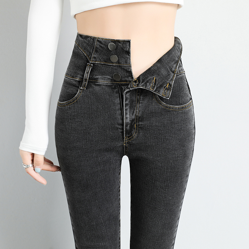 Super High-Waisted Jeans for Women, Spring and Autumn 2026 New Style, Smoky Gray, Slimming, Fleece-Lined, Tight-Fitting, Stretchy Pencil Pants