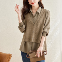 Spring and Autumn 2023 Autumn Clothing New Cardigan Jacket Fashionable Western Top Fake Two-piece Knitted Sweater Spliced ​​Shirt for Women