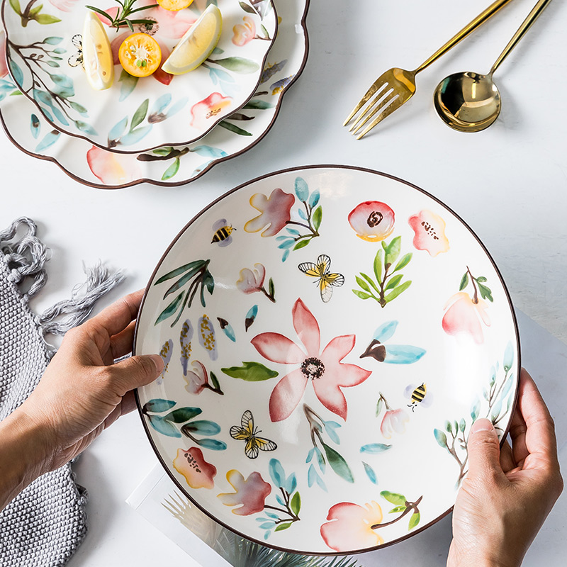 Japanese ins eat bread and butter of jingdezhen ceramic tableware household delicate fruit salad bowl large capacity rainbow such use