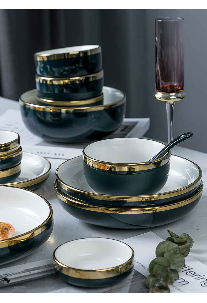 Dishes suit household creative Dishes chopsticks Nordic web celebrity ins move ceramic light wind key-2 luxury emerald tableware