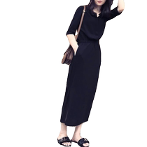 Black Open Fork Tandem Dress Woman 2023 Summer New fashion Body Waist Display Slim Mid-Length And Half Sleeve Snowspun Dress
