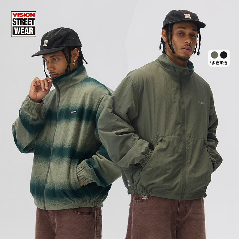 Vision Official American Retro Striped Gradient Reversible Fleece Windproof Jacket 2 Colors New Model for Men and Women