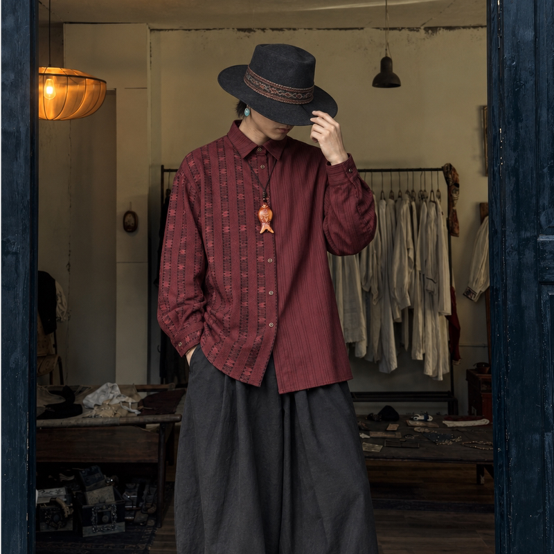 【Danque】Sellmoom Autumn Retro Ethnic Style Long-Sleeved Patchwork Loose Casual Shirt for Men and Women