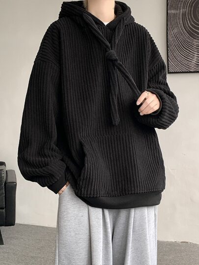 Beige Extra Thick Corduroy Sweatshirt for Men, Fleece-Lined and Thickened Hoodie, Heavy-Duty Oversized Loose Jacket for Autumn and Winter