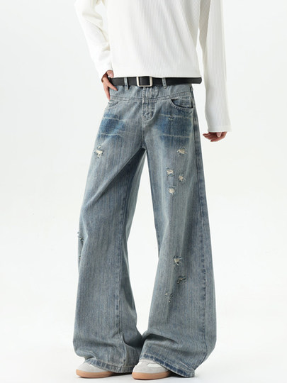 American style distressed ripped jeans for men in autumn and winter trendy brand loose wide-leg scimitar pants with design slightly flared floor-length pants