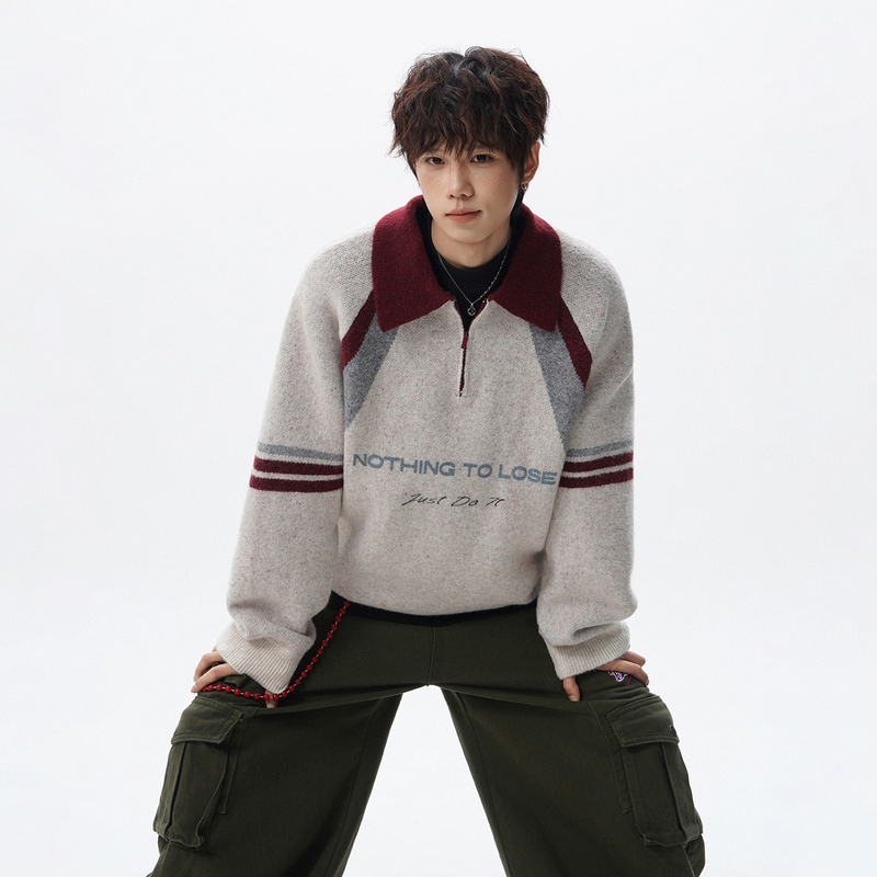 American-Style Color-Block Half-Zip Polo Collar Sweater for Autumn and Winter, Suitable for Layering in the Campus, Men's Warm Knitwear for Layering