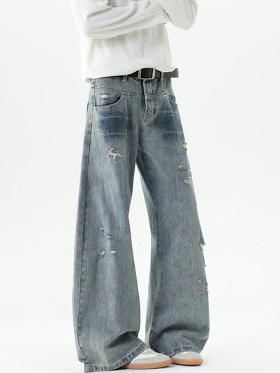 American style distressed ripped jeans for men in autumn and winter trendy brand loose wide-leg scimitar pants with design slightly flared floor-length pants