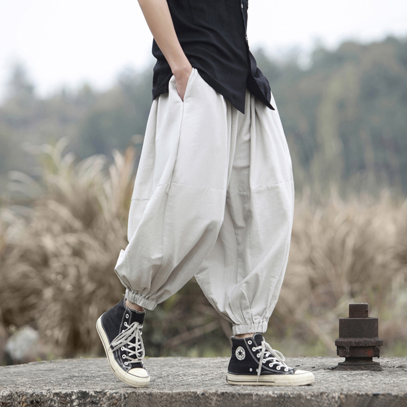 Fat Man Plus Size Plus Size Chinese Style Linen Pants Men's Summer Thin Casual Cotton and Linen Nine-Point Carrot Bloomers