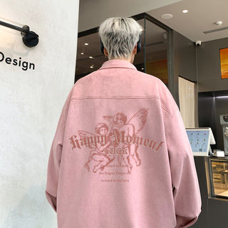 Dirty Pink European and American Style Suede Shirt for Men, Long-Sleeved Heavy-Duty Work Shirt, Autumn High Street Cool Men's Jacket