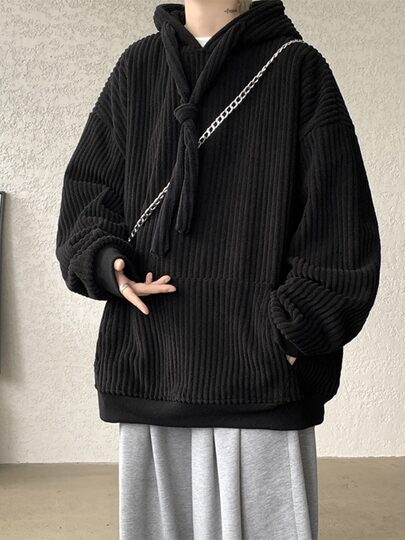 Beige Extra Thick Corduroy Sweatshirt for Men, Fleece-Lined and Thickened Hoodie, Heavy-Duty Oversized Loose Jacket for Autumn and Winter