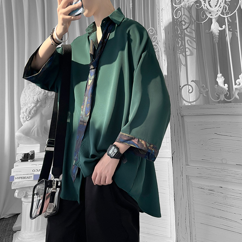 Dark Green Three-Quarter Sleeve Shirt for Men, Summer High-End Design, Niche Cool Short-Sleeve Shirt, Dk Tie Uniform, Jk