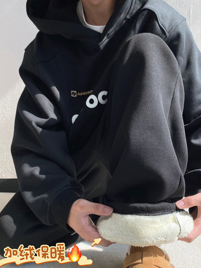 Gray heavyweight sherpa sweatpants for boys in winter plus velvet and thickened warm casual pants straight-leg loose wide-leg pants