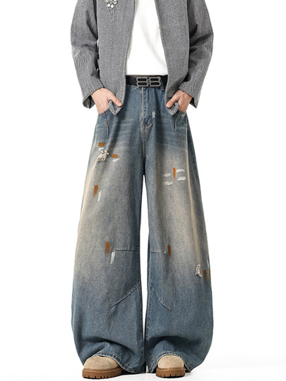 American Retro Style Distressed Paint Effect Curved Hem Jeans for Men and Women, Spring Trendy Brand Versatile Loose Straight Casual Long Pants