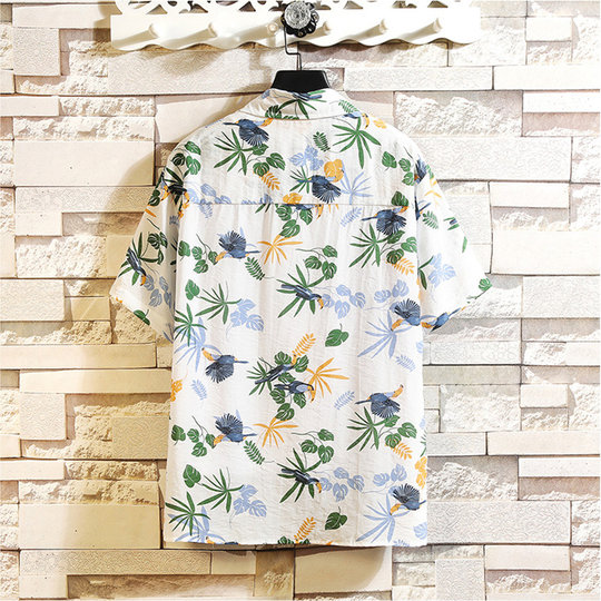Hawaiian style floral shirt men's short-sleeved beach vacation men's ice silk shirt loose large size top