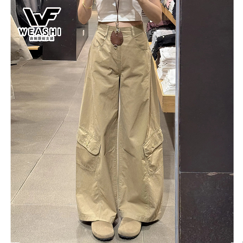 Khaki American-Style Multi-Pocket Cargo Pants for Women, 2026 New Style, Loose Fit, Slimming, Versatile Wide-Leg Workwear Casual Pants