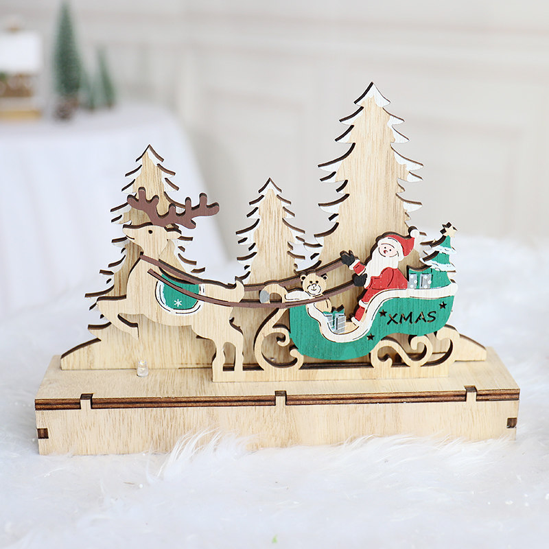 Christmas Decorations Small Pendant Table Swing Piece Small Wooden House Light Box Send Gift Diy Wooden Deer Lark Tree