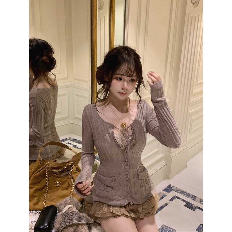 Lisaph/Tokyo Shoujo Yu Vtg Round Neck Tie Waist Japanese Style Knitted Cardigan Crochet Jacket