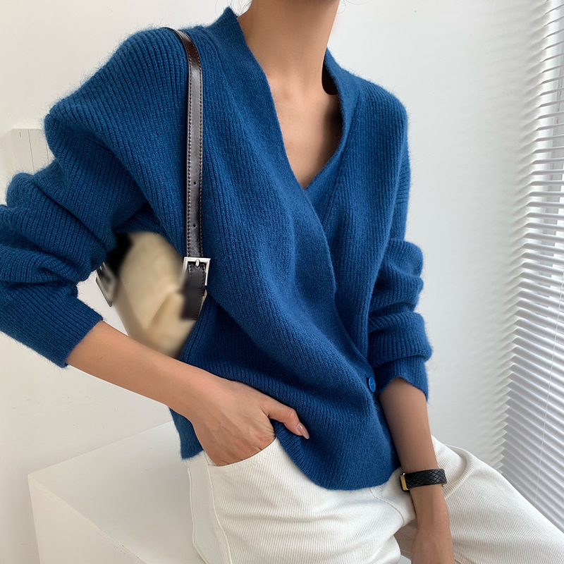 Royal Blue V Neck Knitted Cardigan Sweater Jacket for Women, Loose, Simple and Elegant, Cos Style Short Top, New Autumn and Winter Style