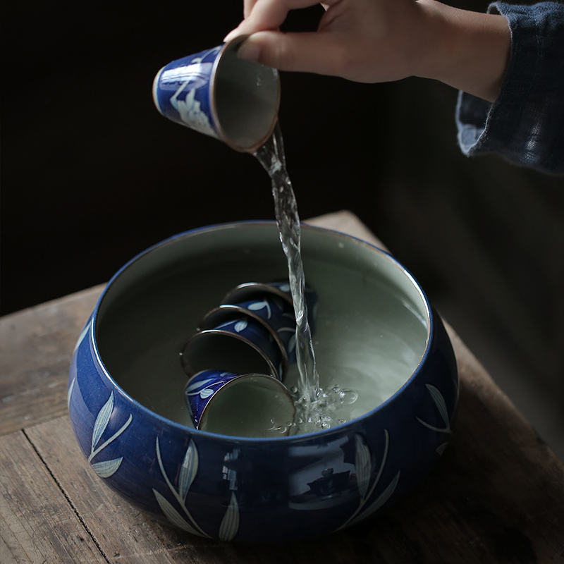 ShangYan antique blue and white porcelain tea wash large ceramic hand - made teacup for wash water to wash the tea taking tea art building water zero with a water jar