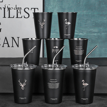 Industrial style creative Nordic 304 stainless steel cup with lid beer glass anti-drop juice ins cup cold coffee big