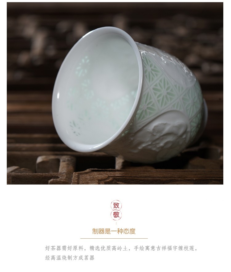 Jingdezhen tea set high half white clay ceramic knife green heap shadow carving delicate and exquisite hollow out fragrance - smelling cup masters cup