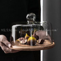  Glass transparent cover fruit plate Afternoon tea cake cover Wooden glass cover Dessert tray Cake plate Fruit west point plate