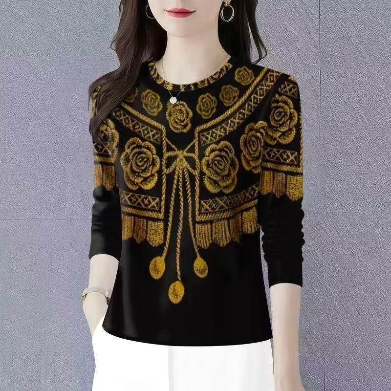 Bargain~ Long-Sleeved, High-End, Stylish, Retro, Base Layer, Autumn and Winter New 2025, Tummy-Covering, Printed Blouse Top