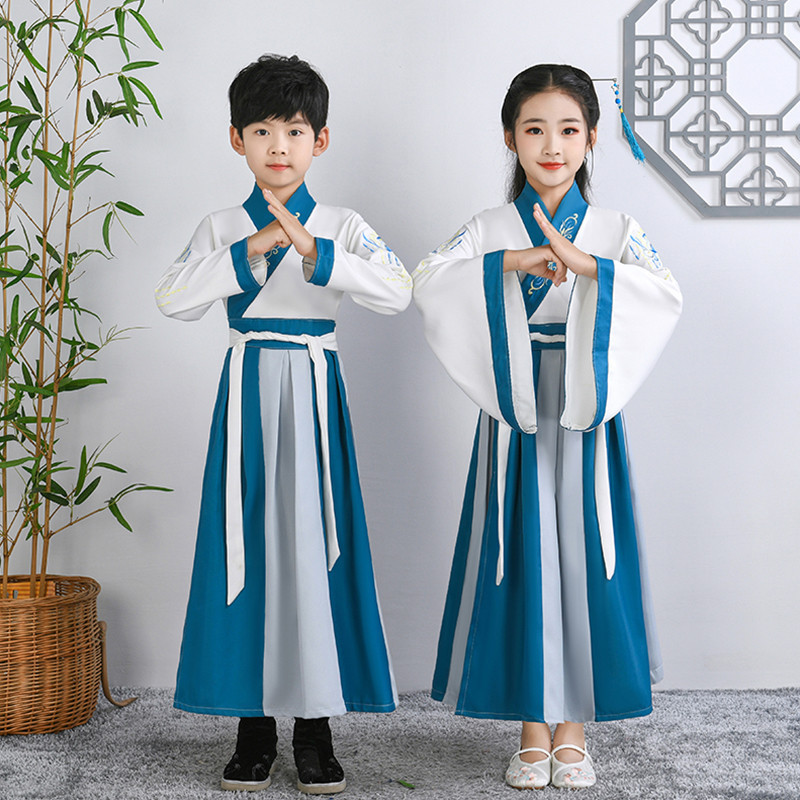 Boys Chinese Hanfu, Chinese style ancient costume, wide sleeve girls traditional Chinese costume, childes three character Sutra, disciple GUIs performance Costume