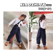 Junior classmate spring and autumn childrens middle and big children Korean version soft elastic oblique one-shoulder foreign style all-match suspenders denim trousers 1801
