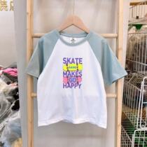 Brand summer childrens middle and big children Korean version of foreign style color matching raglan sleeve letter printing cotton short-sleeved T-shirt 72230