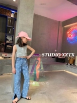 Little classmate 2022 spring and autumn middle school childrens Korean version of foreign style soft elastic full of printing split denim straight trousers 2512