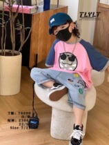 Tongleyu 2022 summer new childrens big children Korean version cotton raglan sleeves hit color short-sleeved T-shirt 78090