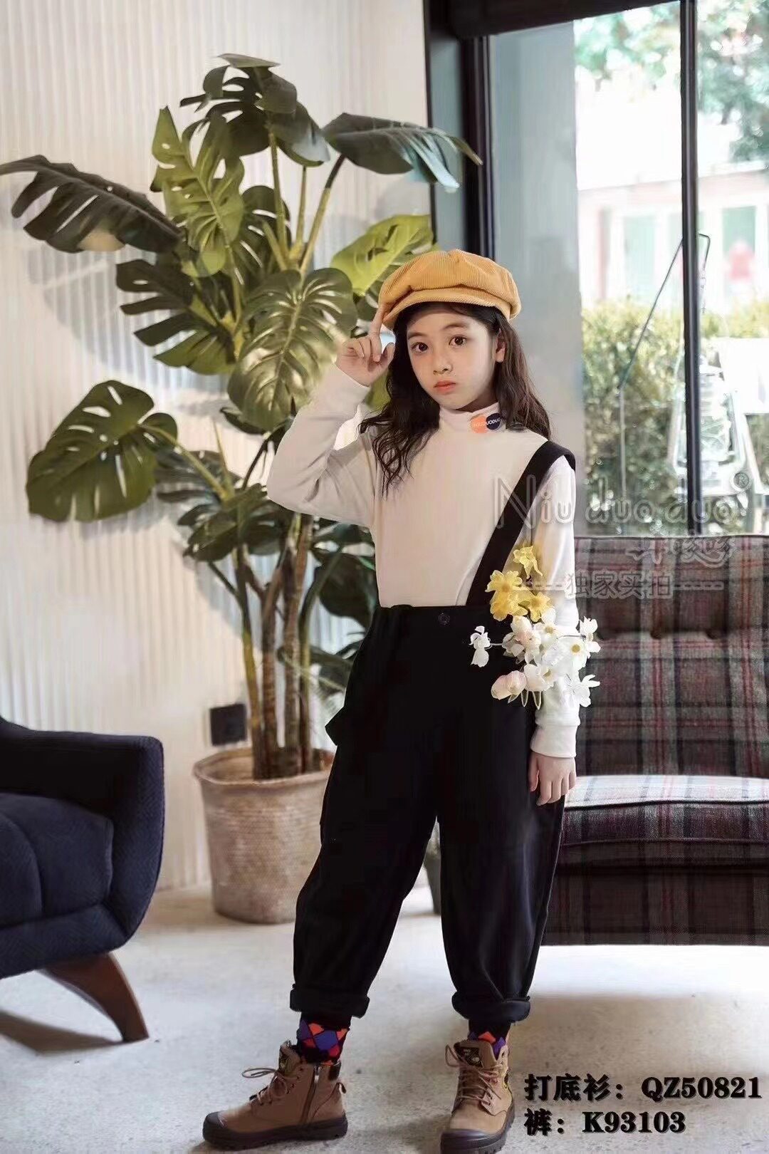 Niuduoduo children's big children's brushed suspenders autumn and winter Korean version of the old man casual pants 93103