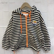 2022 winter new childrens middle-aged and older children plus velvet Korean version label striped hooded zipper jacket 68004